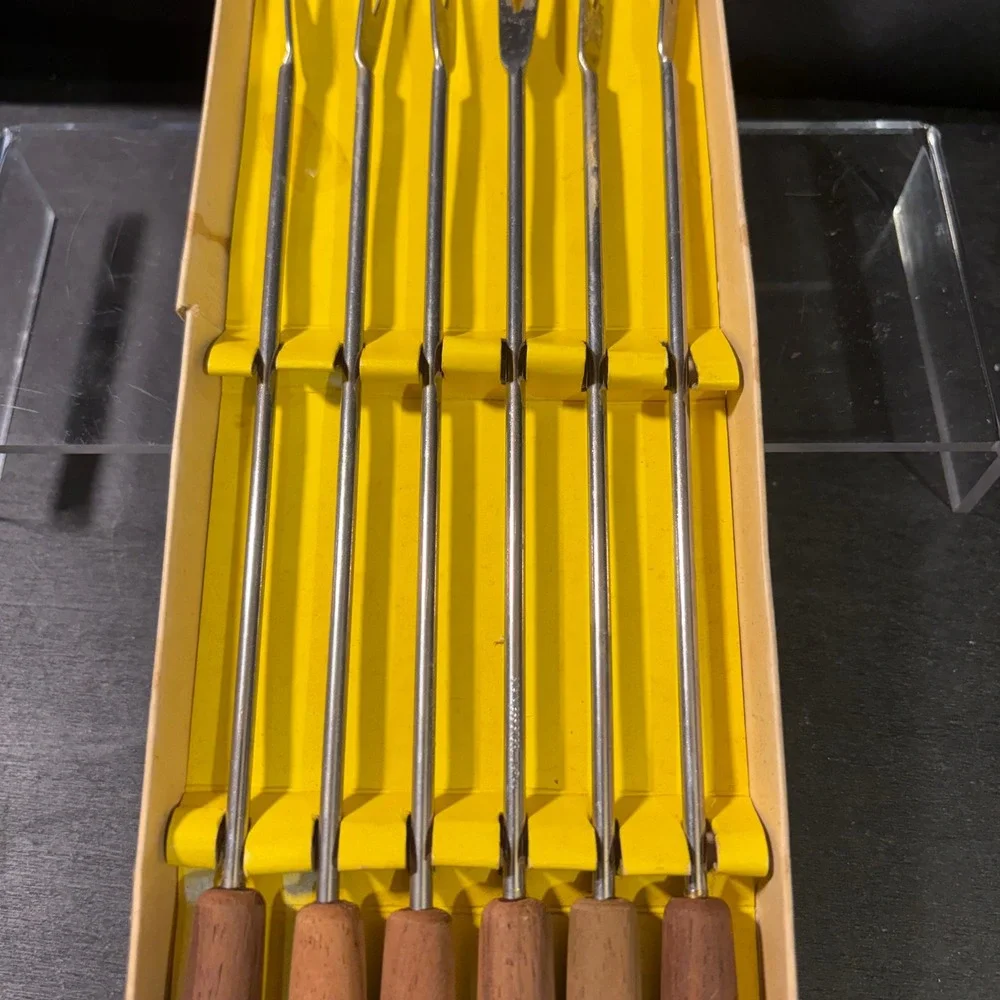 Vintage Set of 6 Stainless Steel Fondue Forks Genuine Rosewood Handles Color Tip